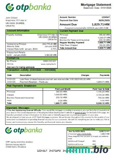 Chorwacja Bank OTP wyciąg z kredytu hipotecznego szablon Word i PDF
